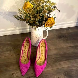 Sam Eldeman pink suede perforated heels.